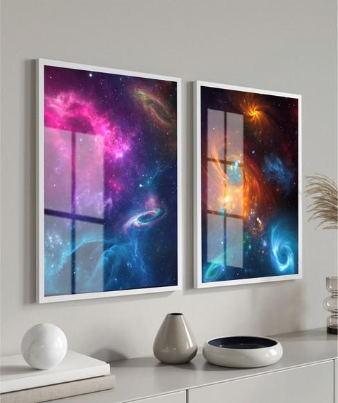 Kit 2 Quadros Decorativos Planetas Universo Moldura e Vidro