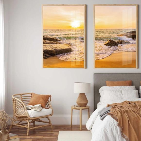 Kit 2 Quadros Decorativos Pôr Do Sol Paisagem Moldura Vidro