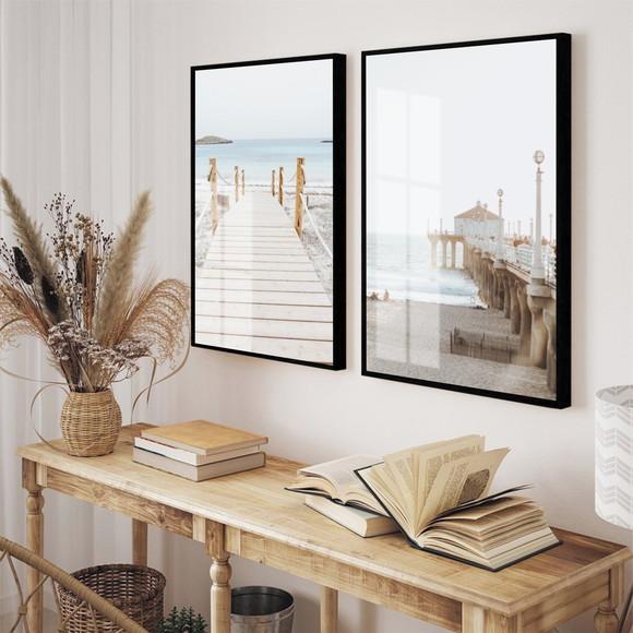 Kit 2 Quadros Decorativos Praia Deck Paisagem Moldura Vidro