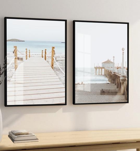 Kit 2 Quadros Decorativos Praia Deck Paisagem Moldura Vidro