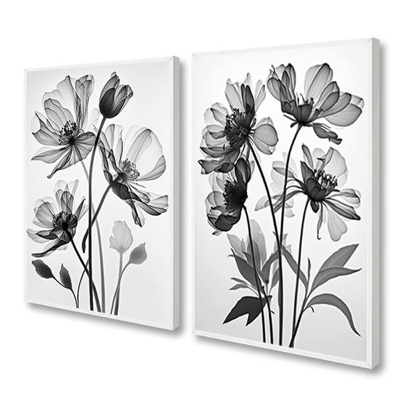 Kit 2 Quadros Decorativos Preto e Branco Flores com Moldura