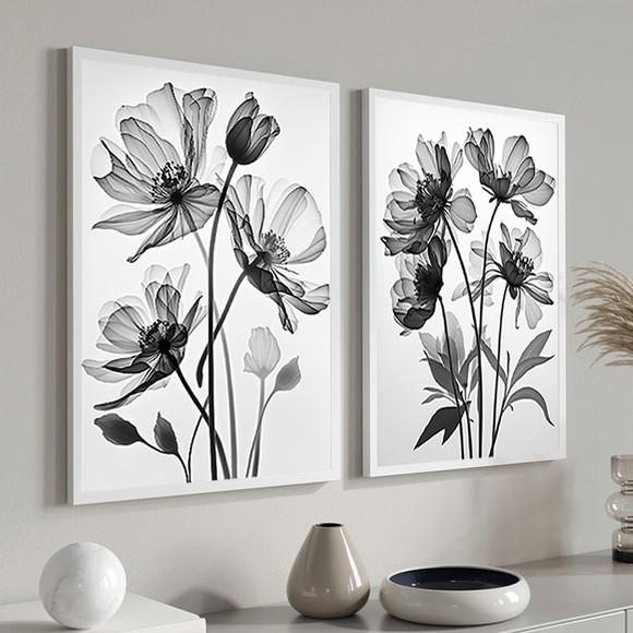 Kit 2 Quadros Decorativos Preto e Branco Flores com Moldura