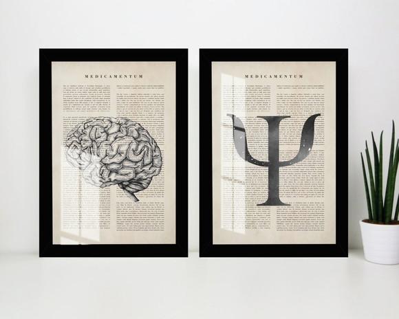 Kit 2 Quadros Decorativos Psicologia Cérebro Moldura e Vidro