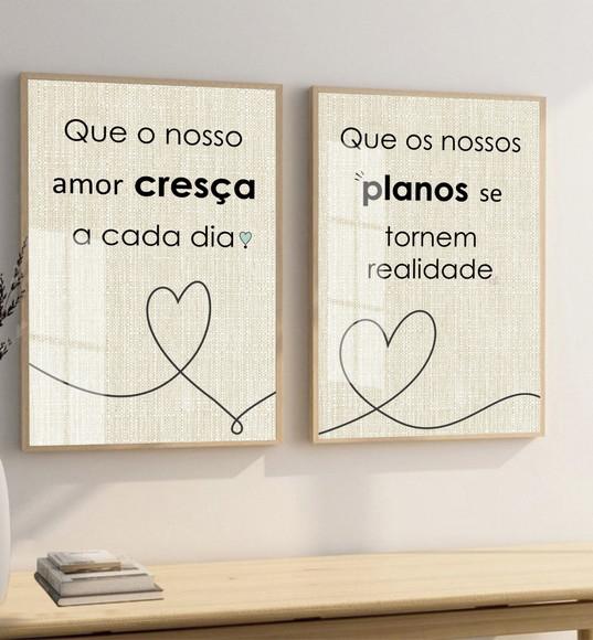 Kit 2 Quadros Decorativos Quarto Casal Frases Moldura Vidro