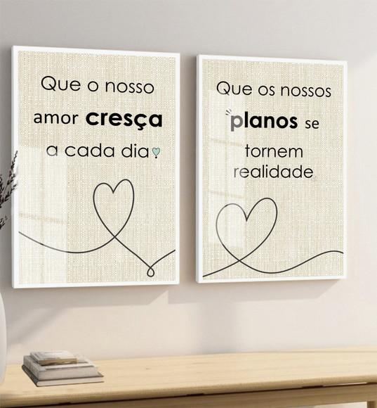 Kit 2 Quadros Decorativos Quarto Frases Casal Moldura Vidro