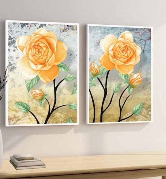 Kit 2 Quadros Decorativos Rosas Amarelas Flores Com Moldura