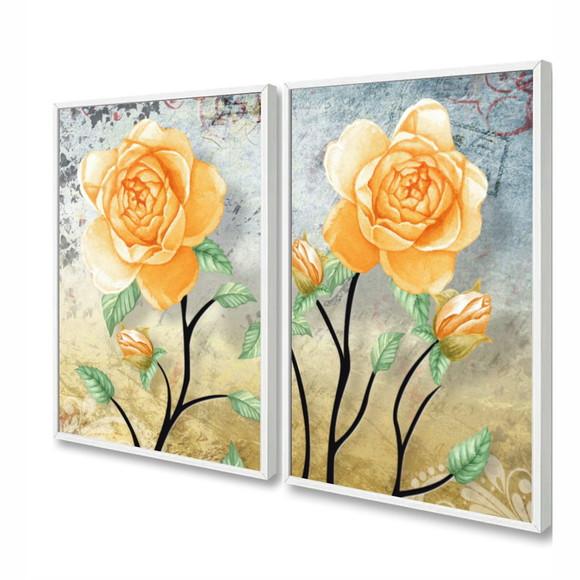 Kit 2 Quadros Decorativos Rosas Amarelas Flores Com Moldura