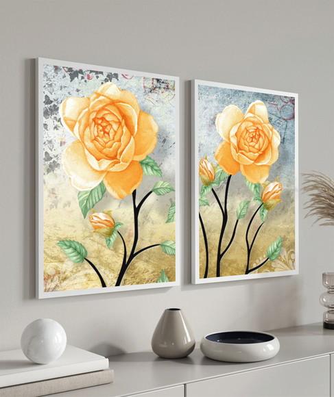Kit 2 Quadros Decorativos Rosas Amarelas Flores Com Moldura