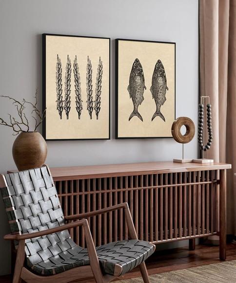 Kit 2 Quadros Decorativos Sardinha Moderno Moldura Vidro