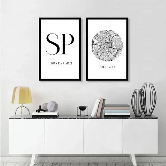 Kit 2 Quadros Decorativos São Paulo Cidade Mapa Com Moldura