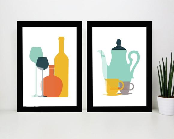 Kit 2 Quadros Decorativos Talher Cozinha Com Moldura e Vidro