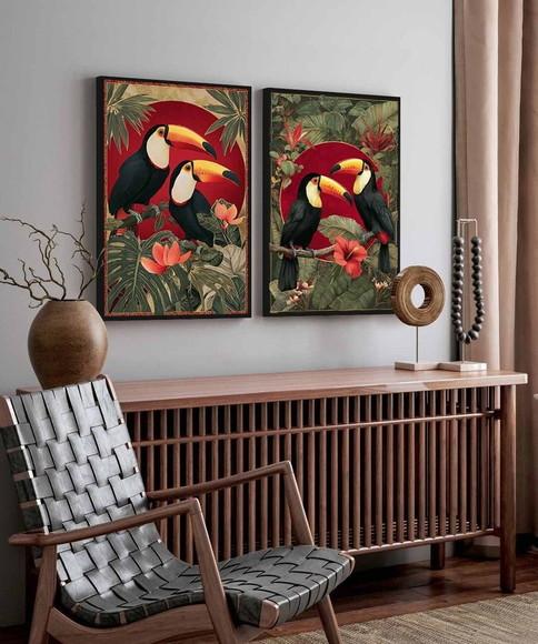 Kit 2 Quadros Decorativos Tucanos Flores Sala Moldura Vidro