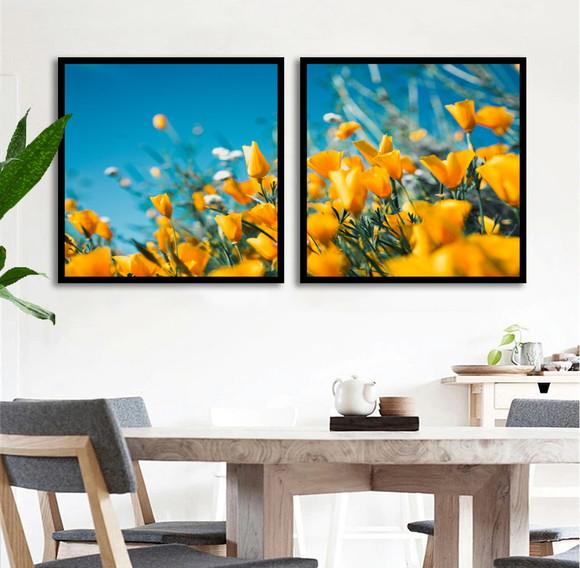 Kit 2 Quadros Decorativos Tulipa Amarela Para Sala Moldura