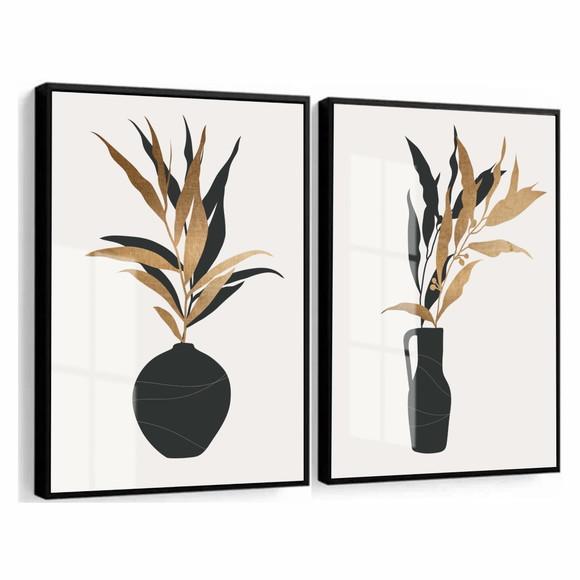 Kit 2 Quadros Decorativos Vaso De Flores Com Moldura e Vidro