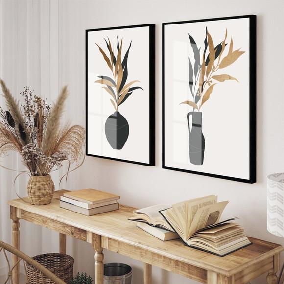 Kit 2 Quadros Decorativos Vaso De Flores Com Moldura e Vidro