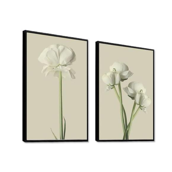 Kit 2 Quadros Flores Brancas Decoração Botânico Com Moldura