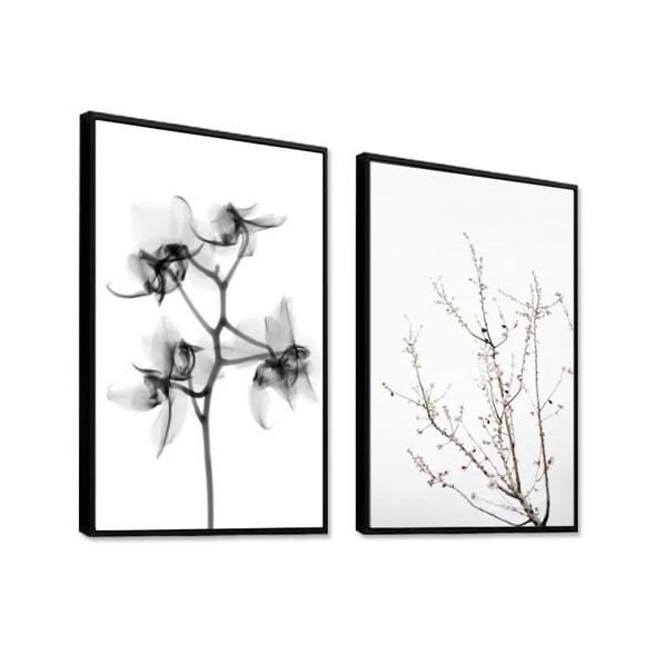 Kit 2 Quadros Flores Preto e Branco Galhos Decoração Moldura