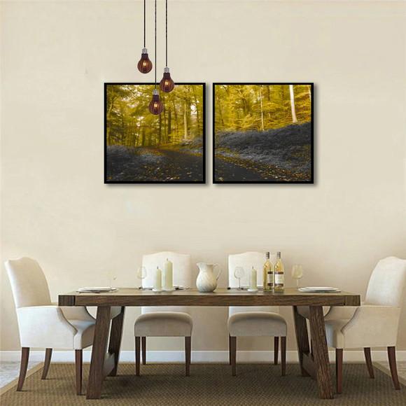 Kit 2 Quadros Florestas Amarela Folhagem Decoração Molduras