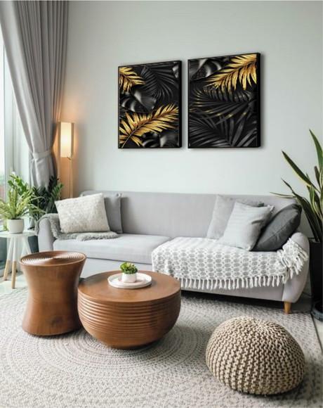 Kit 2 Quadros Folhagem Dourado Gold Decoração Com Molduras