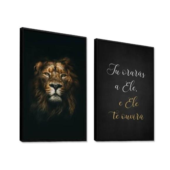 Kit 2 Quadros Leão Oração Frases Decoração Conjunto Molduras