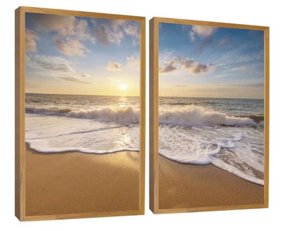 Kit 2 Quadros Mar Praia Sol Oceano Céu Decoração Com Moldura