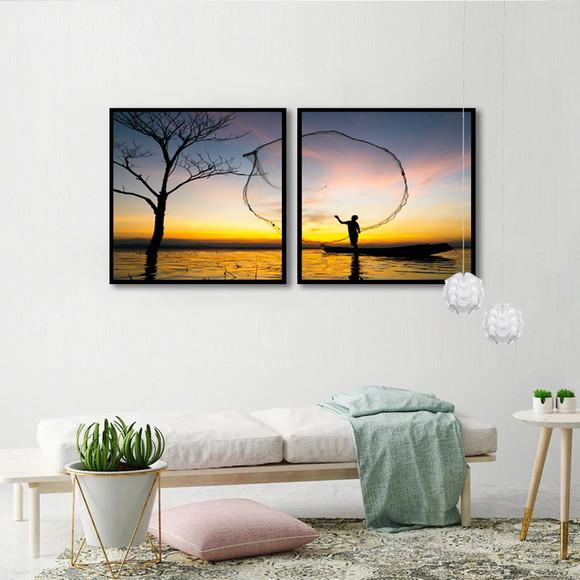 Kit 2 Quadros Paisagem Pescador Pôr Do Sol Decoração Moldura