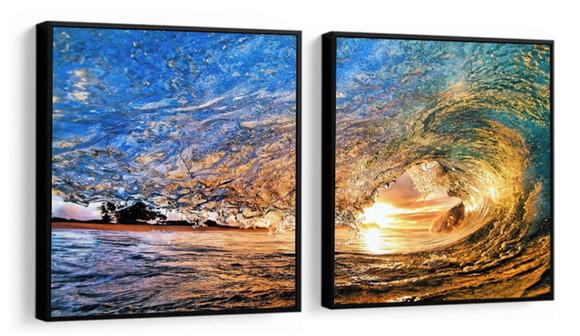 Kit 2 Quadros Praia Onda Mar Surf Decoração Paisagem Moldura
