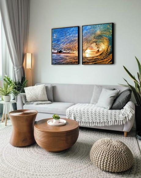 Kit 2 Quadros Praia Onda Mar Surf Decoração Paisagem Moldura