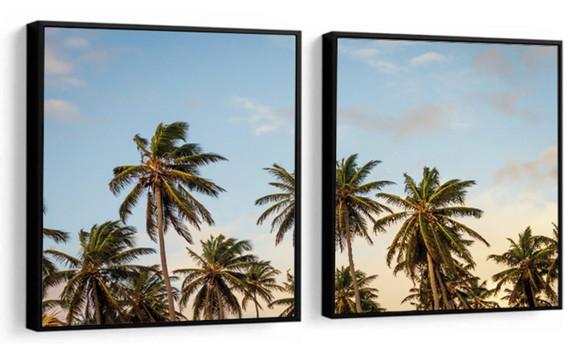 Kit 2 Quadros Praia Paisagem Coqueiros Sol Decoração Moldura