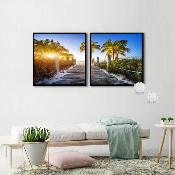 Kit 2 Quadros Praia Paisagem Coqueiro Deck Decoração Moldura