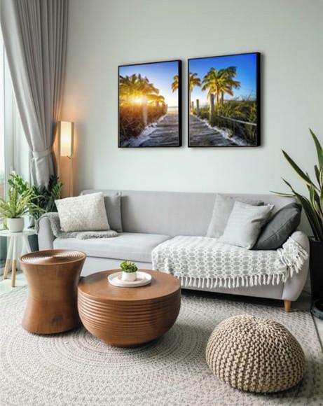 Kit 2 Quadros Praia Paisagem Coqueiro Deck Decoração Moldura