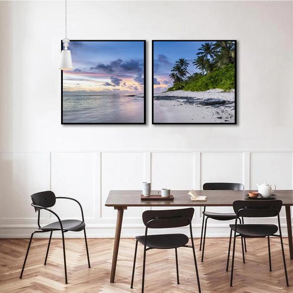 Kit 2 Quadros Praia Pôr Do Sol Decoração Paisagem Molduras
