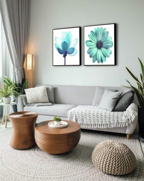 Kit 2 Quadros Rosa Azul Flores Botânico Decoração Molduras