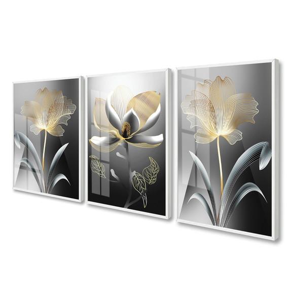 Kit 3 Quadro Decorativo Flores Douradas com Moldura e Vidro