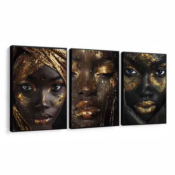 Kit 3 Quadro Decorativo Moderno Mulheres Dourada com Moldura