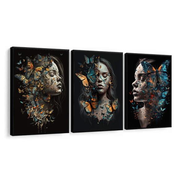 Kit 3 Quadro Decorativo Moderno Mulheres Flor com Moldura