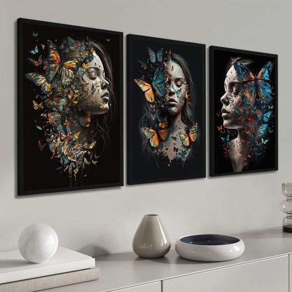 Kit 3 Quadro Decorativo Moderno Mulheres Flor com Moldura