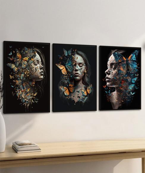 Kit 3 Quadro Decorativo Moderno Mulheres Flor com Moldura