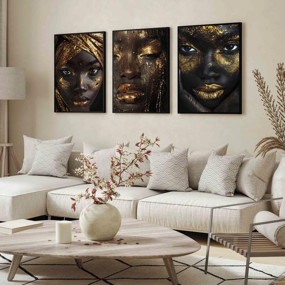 Kit 3 Quadro Decorativo Moderno Mulheres Dourada com Moldura