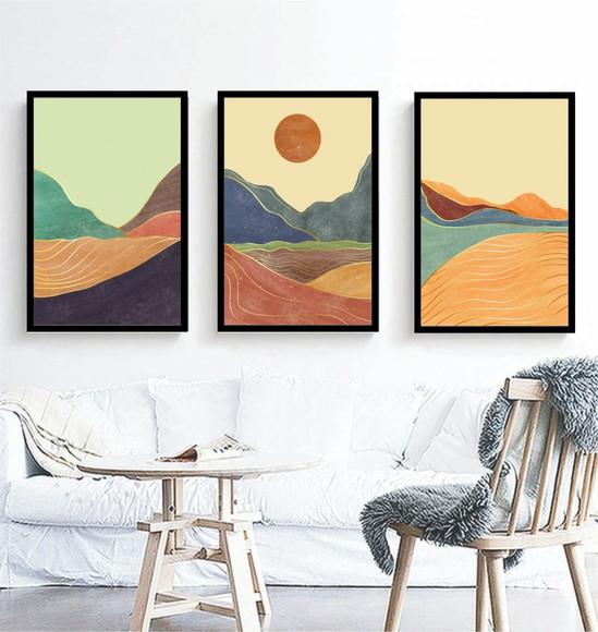 Kit 3 Quadros Abstrato Arte Decoração Paisagem Sol Molduras