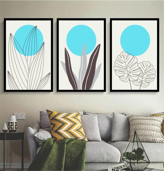 Kit 3 Quadros Abstrato Azul Claro Decoração Folhagem Moldura