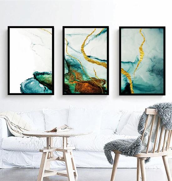 Kit 3 Quadros Abstrato Azul Claro Decoração Conjunto Moldura