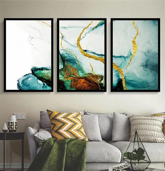 Kit 3 Quadros Abstrato Azul Claro Decoração Conjunto Moldura