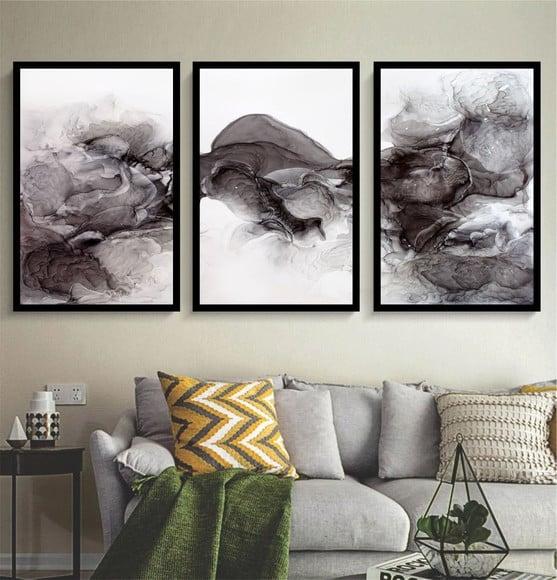Kit 3 Quadros Abstrato Decoração Preto e Branco Com Molduras