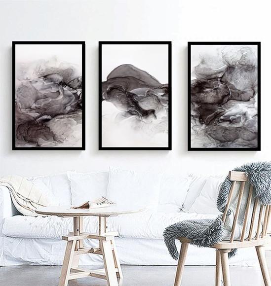 Kit 3 Quadros Abstrato Decoração Preto e Branco Com Molduras