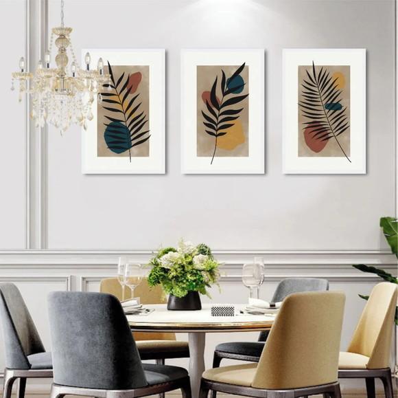 Kit 3 Quadros Abstrato Decorativo Folhagem Desenho Moldura