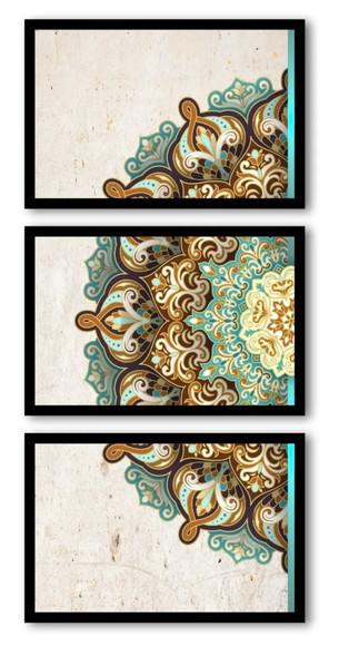 Kit 3 Quadros Abstrato Dourado Mandala Decoração Com Moldura