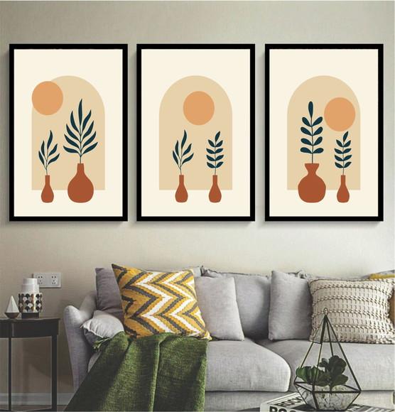 Kit 3 Quadros Abstrato Folhagem Decoração Conjunto Molduras