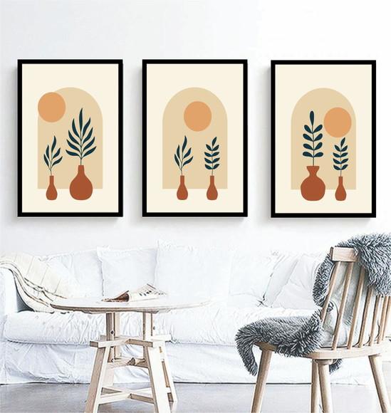 Kit 3 Quadros Abstrato Folhagem Decoração Conjunto Molduras
