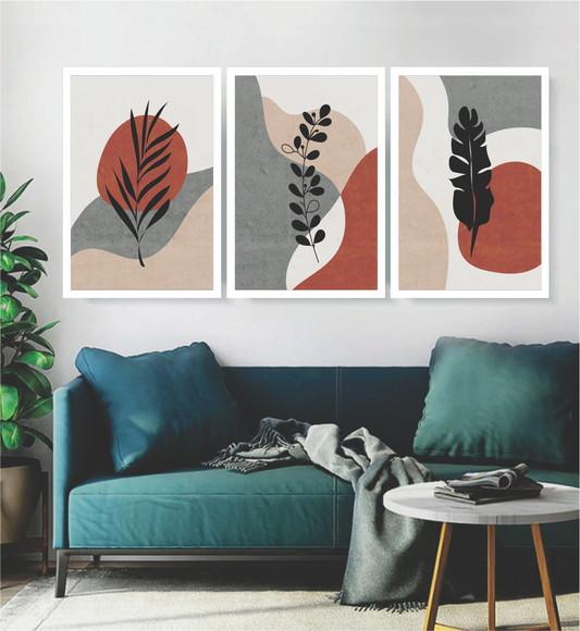 Kit 3 Quadros Abstrato Folhagem Geométrico Decoração Moldura